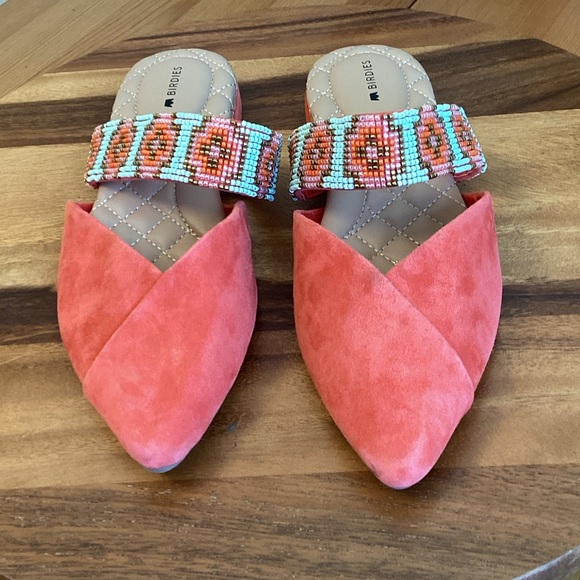 Birdies Shoes - BIRDIES The Swan Coral Suede Mules with Beaded Strap 7